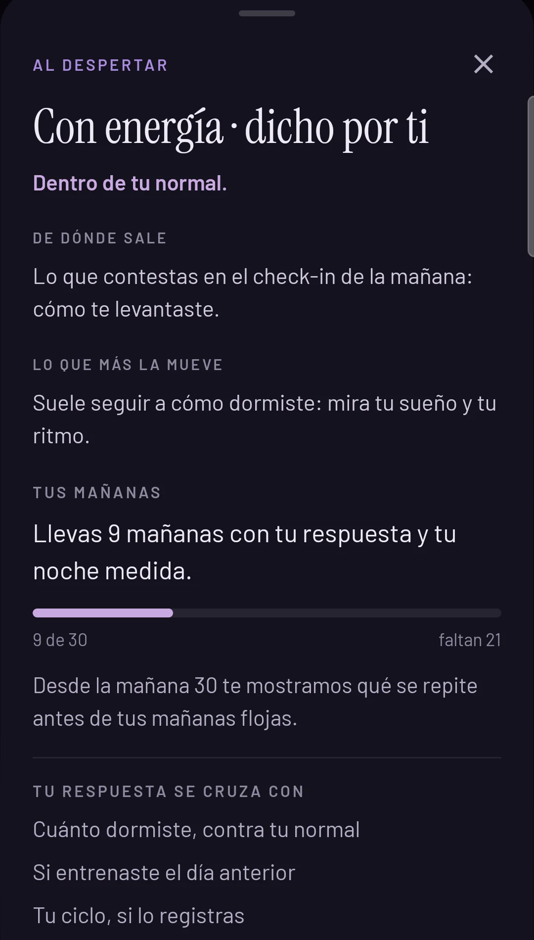 Detalle del check-in de la mañana en WuClock: con energía, dicho por ti