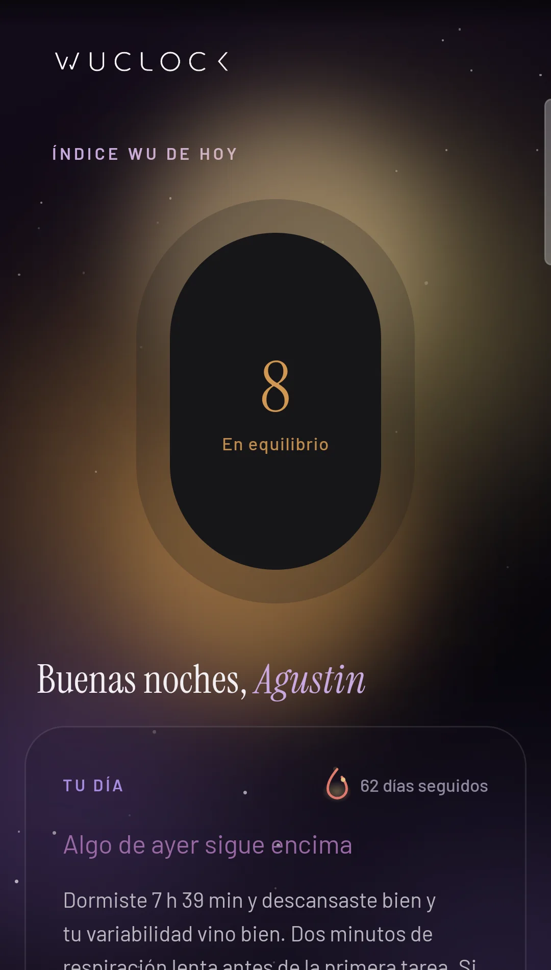 Inicio de WuClock con el Índice Wu de hoy
