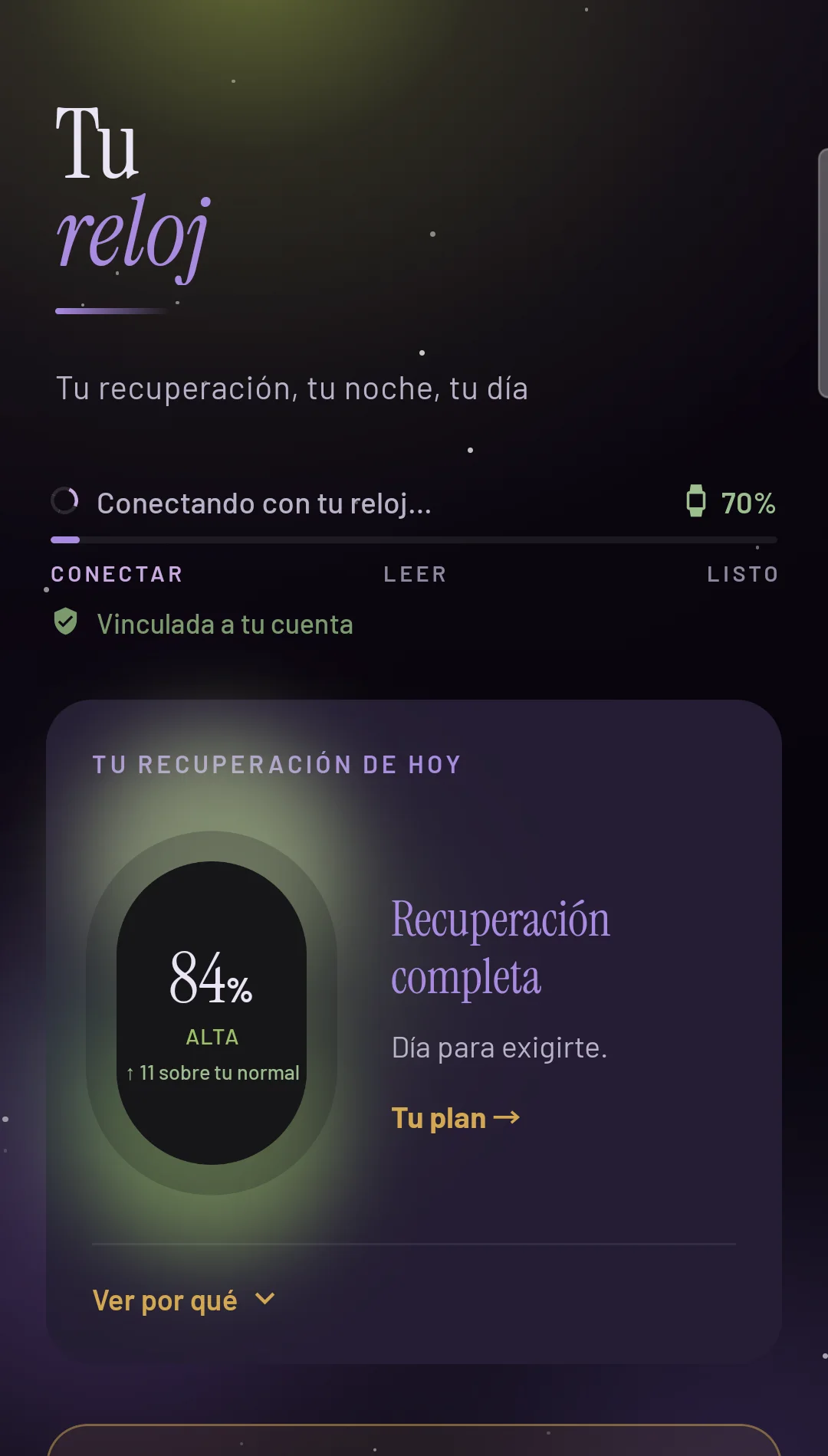 Pantalla de tu reloj en WuClock con la recuperación de hoy al 84 %