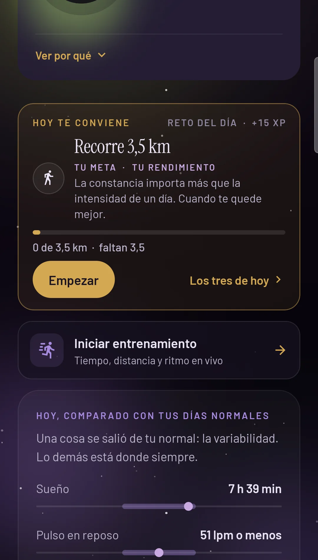 Reto del día en WuClock: recorrer 3,5 km, y el día comparado con los días normales